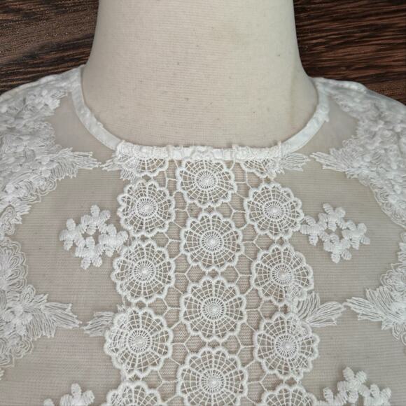 SANDRO Esperance Blouse Top Sz M NEW $280 White Sheer w Lace Puffed Short Sleeve - Picture 4 of 10